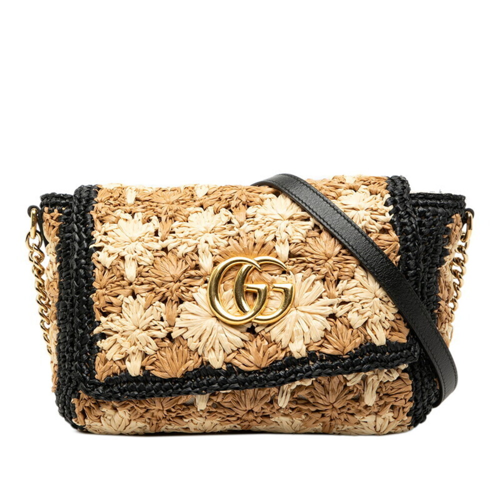 Gucci GG Marmont Chain Shoulder Bag Beige Tan Black Raffia